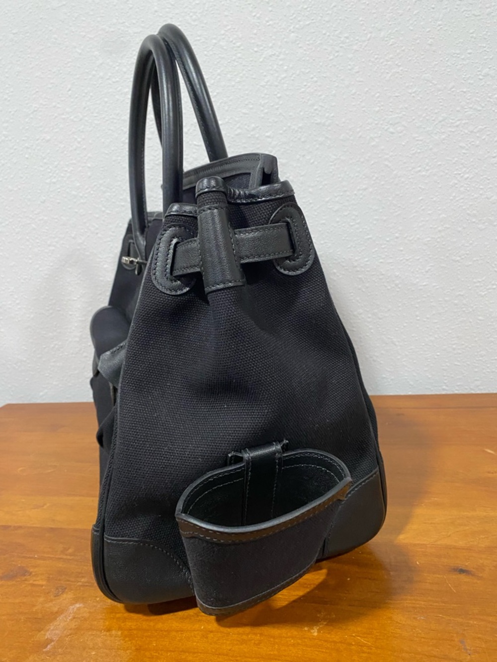 Black Leather-Trim Canvas Tote Bag with Silver Hardware - Picture 3 of 9